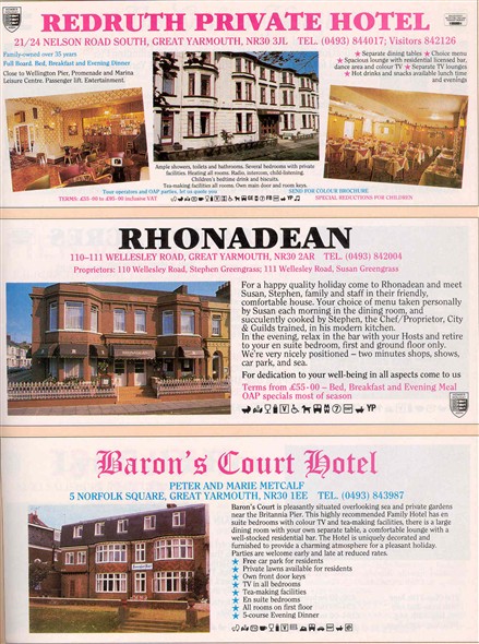 Photo:Adverts for Redruth, Rhonadean & Barons Court hotels. c.1980