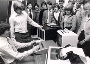 Photo:Photograph of a 'school visit', trying to attract new employees - early computerisation
