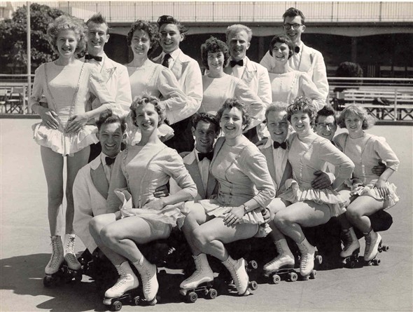 Photo:Group portrait of performers in Skaterscades outside the Winter Gardens, Great Yarmouth, 1951