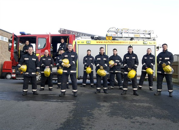 Photo:Group portrait of Red Watch infront of one of the stations fire engins