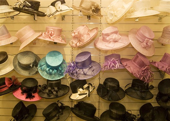 Photo:Close up of the hats on display in the millinery department