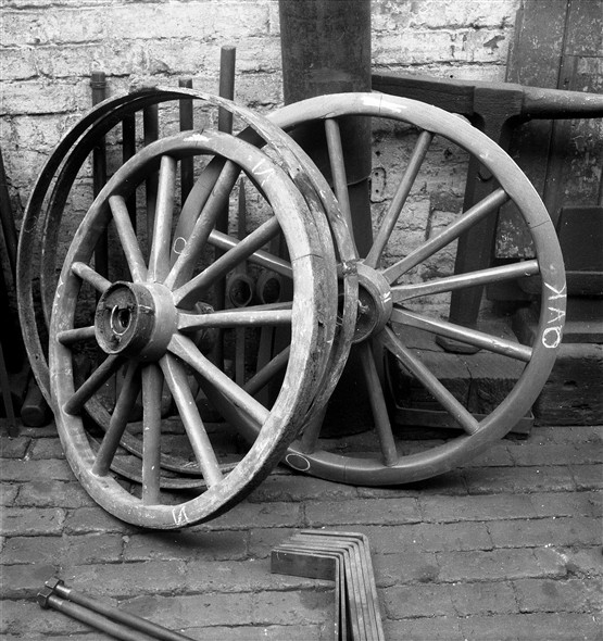 Photo:Photograph of cart wheels in Fred Leak's Smithy in 1963