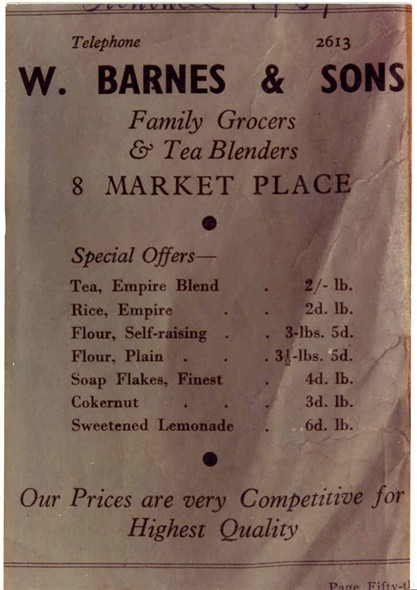 Photo:Advert in Peggotty's Annual, Summer 1939 for W. Barnes & Sons grocers.