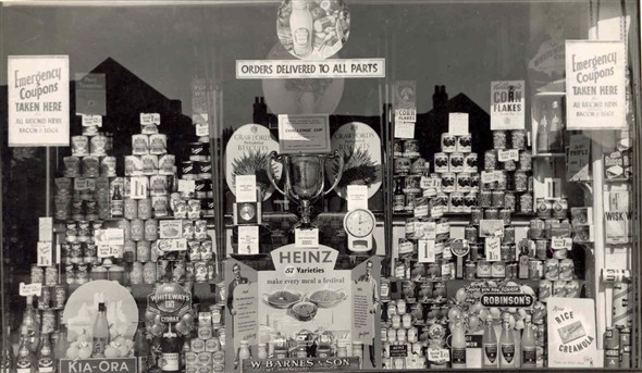 Photo:Shop window display of W. Barnes and sons grocers shop, 8 Market Place, Great Yarmouth, c. 1940