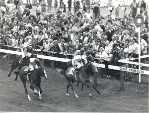 Photo:Yarmouth Races 28-08-80 - Paul Cook oon Mrs Zurcher's LIFE AT LAST, beating Lester Piggott to with the 2.15 Munnings Handicap