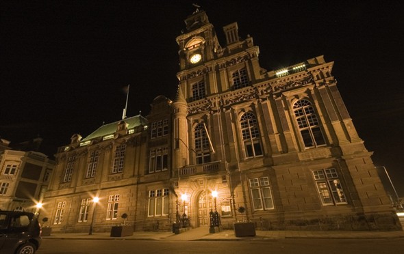 Photo:Great Yarmouth Town Hall lit up at night, 2007