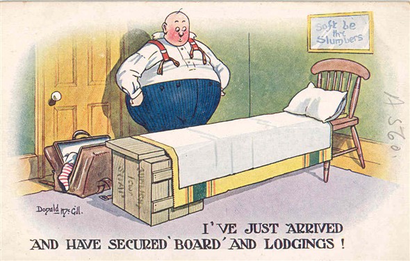 Photo:Seaside humour postcard reading "I've just secured 'Board' and Lodgings!