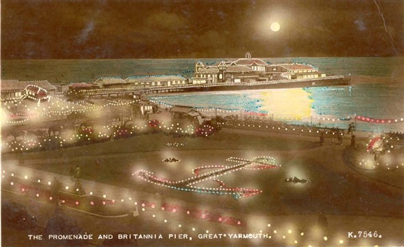 Photo:Postcard showing Britannia Pier by 'night' - obviously a colourised version of the first postcard