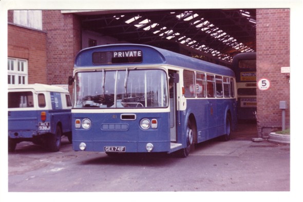 Photo:No 41 (GEX 741F) one of the four rare Marshall bodied Leyland Atlantean saloons emerging from the Caister Road depot