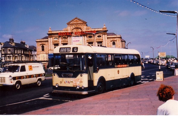 Photo:No 19 (AEX 19B) the Rambouillet town twinning commemorative bus resting outside the Britannia Pier, Marine Parade with the Royal Aquarium in the background