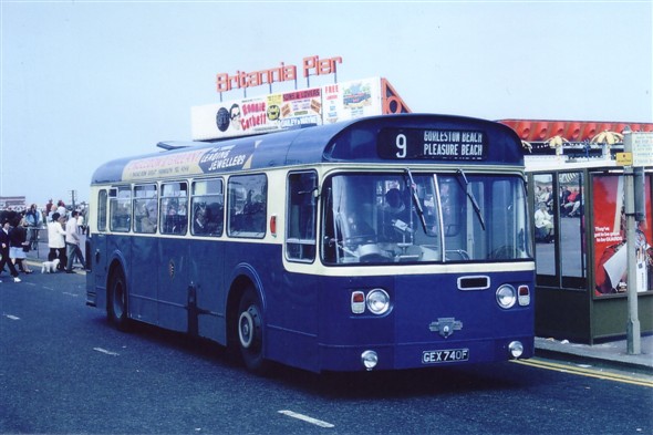 Photo:No 40 (GEX 740F) a rare Marshall bodied single deck Leyland Atlantean (now in preservation) calls at the Britannia Pier bus stand heading for the ever popular 'Pleasure Beach' amusement park